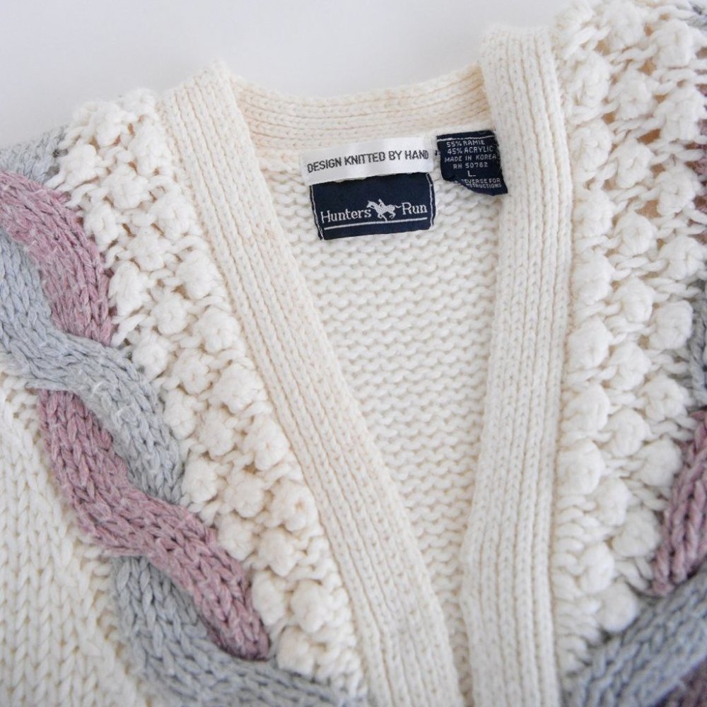 Vintage Hunters Run Cream, Purple & Blue Button Up Knit Cardigan L - Picture 12 of 12